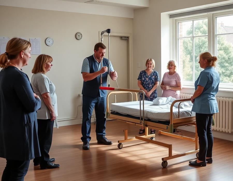 Practitioners rehearsing safe moving and handling technique in a training room